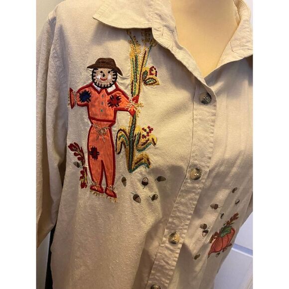 Vintage Embroidered Halloween Fall Pumpkin Scarecrow Cotton Shirt CST Sport - 1X - Picture 4 of 7